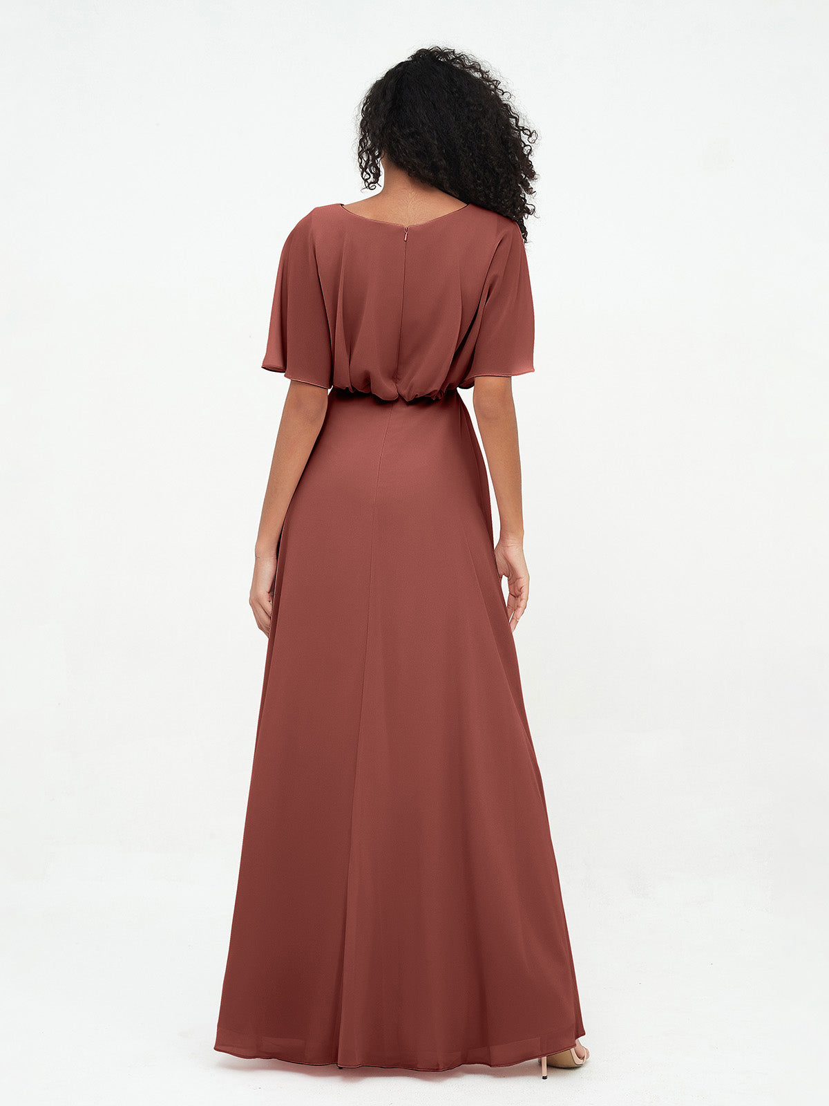 Warp Bodic Chiffon Long Dresses with Sash Bow Terracotta